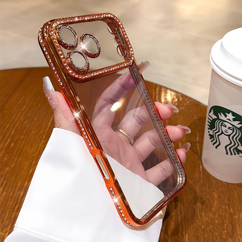 Luxury Bling Crystal Lens Film Phone Case for 11 12 13 14 15 16 17 ProMax Plus Air Clear Shockproof Silicone Bumper Cover