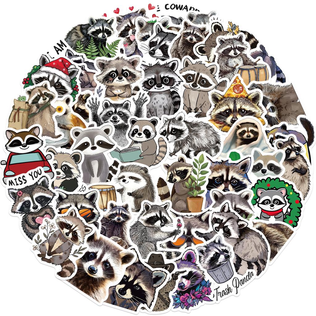 50 Cartoon New Raccoon Doodle Stickers Decorate Guitar Notebook Suitcase DIY Waterproof