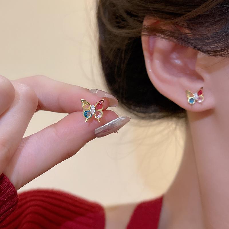 Silver needle colored butterfly zircon stud earrings women's small temperament earrings super fairy Internet celebrity earrings