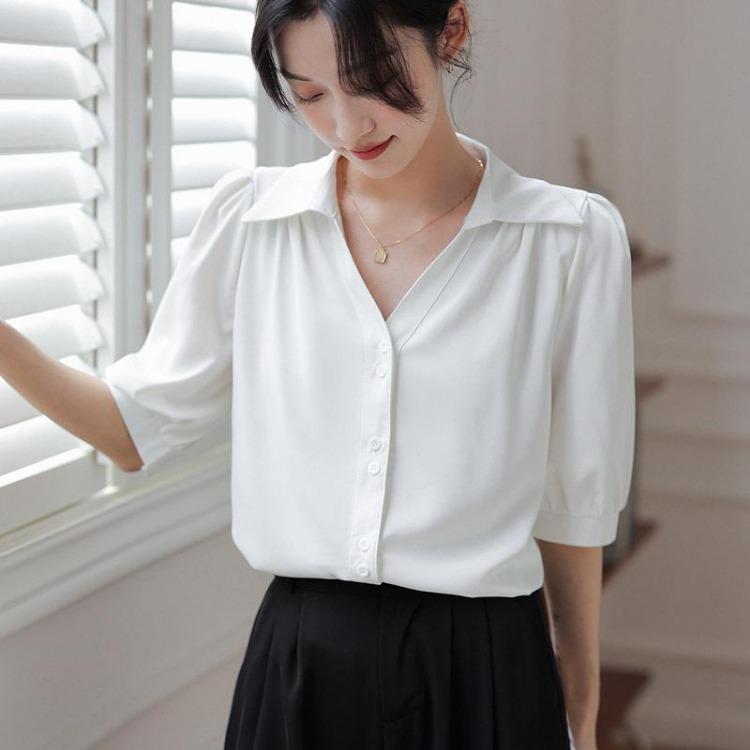 Chic V-Neck Polo Collar Puff Sleeve Chiffon Shirt for Women Professional Temperament Short Sleeve Blouse S белый