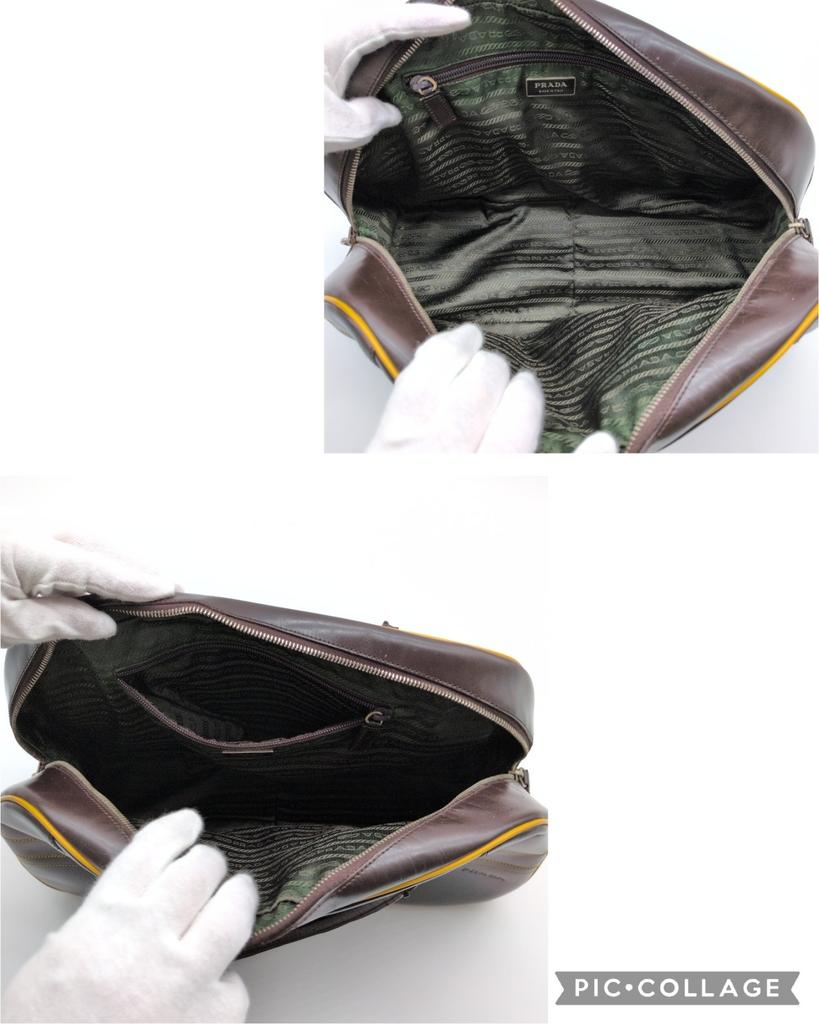 Prada 2000 FW Archive Y2K 2000 1990s 00s Bowling Bag Mini Boston Handbag Chocolate Brown Mustard Yellow Stitching Genuine Leather