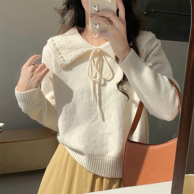 Gentle Style Milk-Toned Soft Pullover with Lapel and Lace-Up Design for Women