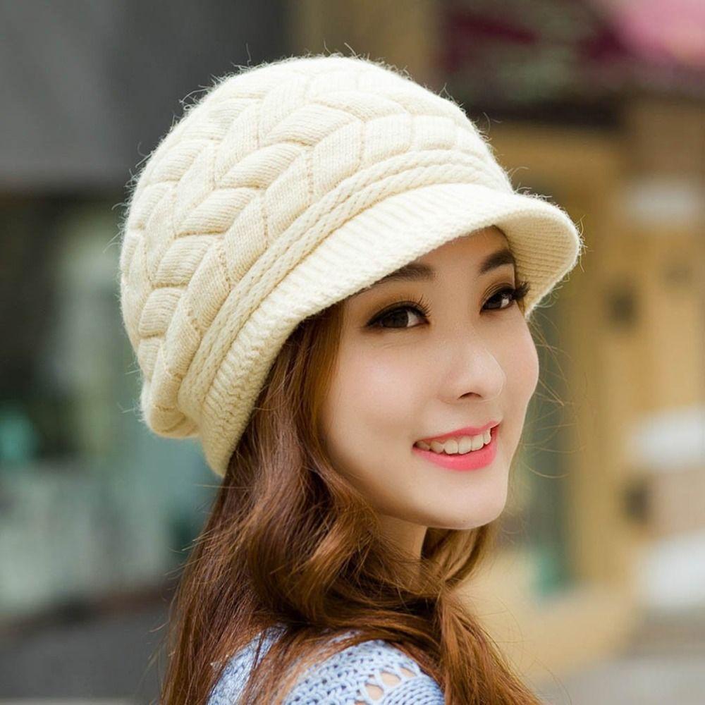 Ear Protection Women Beret Cap Winter Thicken Knit Hat Striper Knitted Cap  Autumn Winter