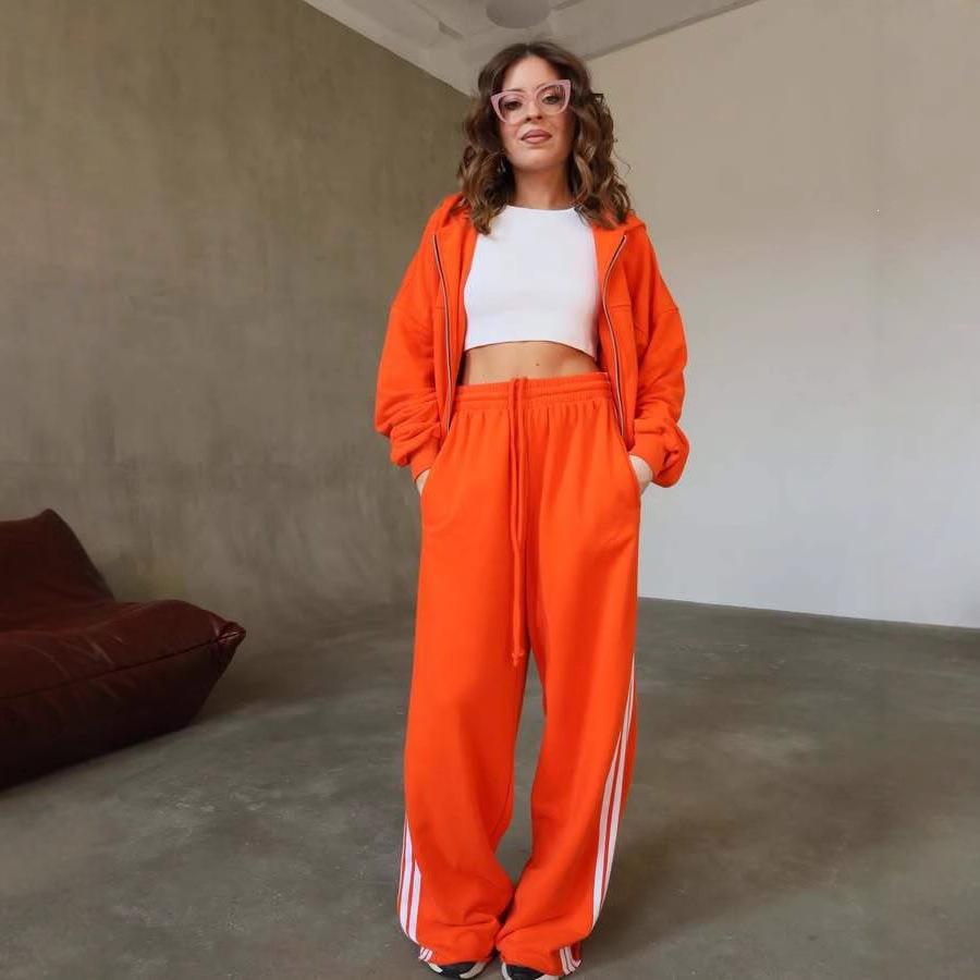 Sport und Freizeit neue Kapuzenjacke Kordelzug locker gerade kontrastierende gestreifte Hose Wide-Leg-Hose zweiteiliges Set Damen