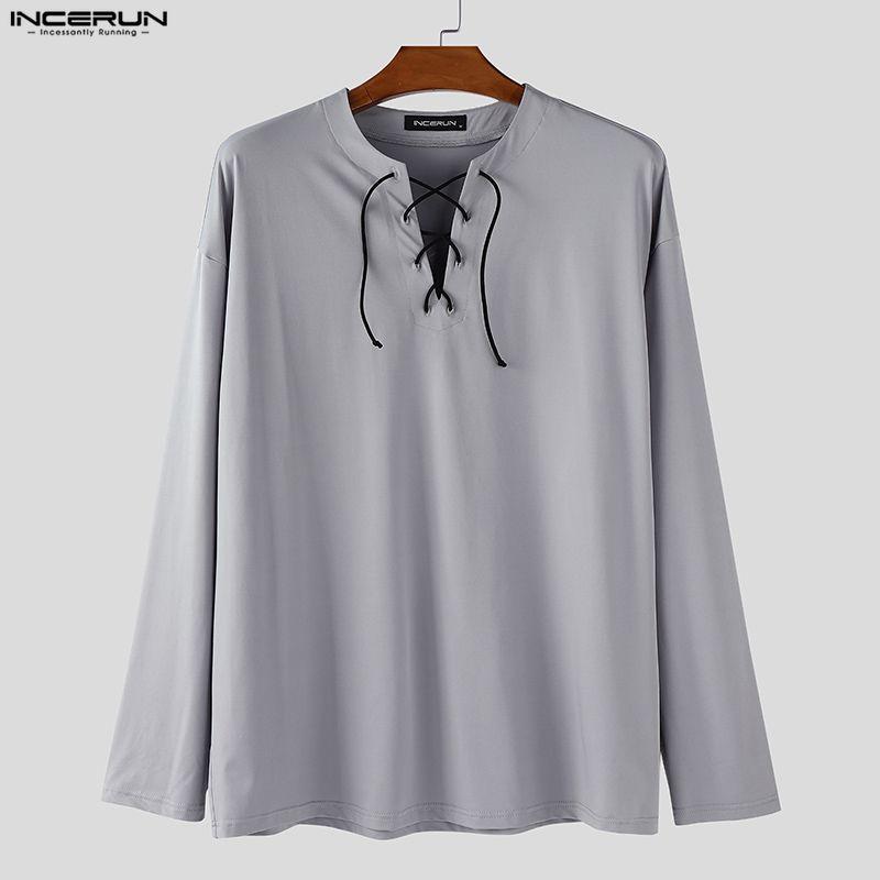 INCERUN Men Lace-up Neck Long Sleeve Casual Loose Undershirts Basics Tops
