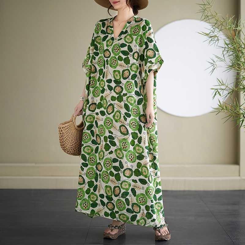 2025 Summer Floral Vacation Style Travel V-Neck Vintage Long Flesh Covering Dresses