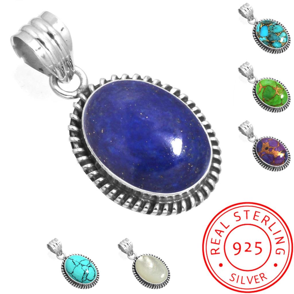 925 Sterling Silver Pendant Women Gemstone Handmade Jewelry Valentine's Day Gift Blue Green Purple Copper Turquoise Pearl Lapis Mother Of Pearl