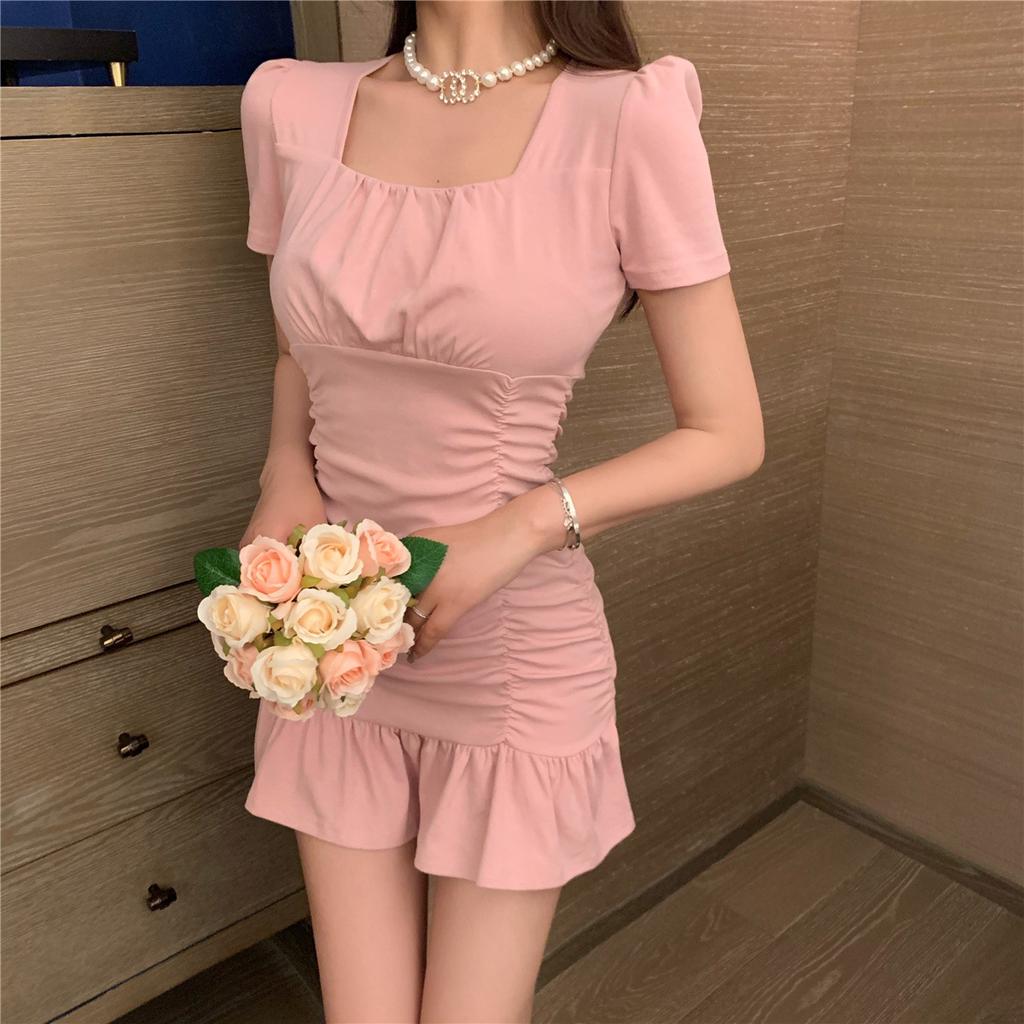 Spring and Summer Sexy Wrapped Hip Fishtail Dress Dress French Square Neck Slim Fit Slim Fold Wrapped Hip Ruffle Edge Dress