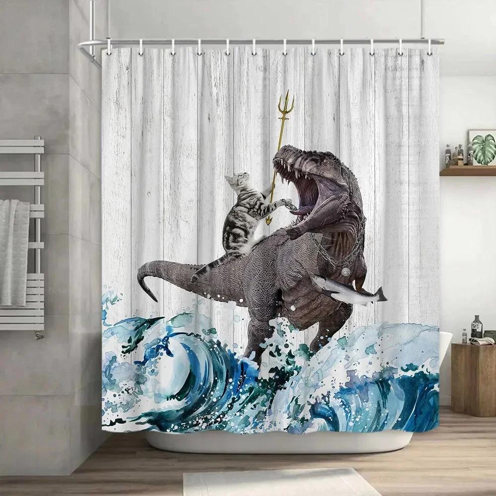 Lustiger Duschvorhang Tapfere Katze Cartoon Duschvorhang Wellen Ozean Dekor Stoff Duschvorhang Set mit Haken Badezimmerdekoration