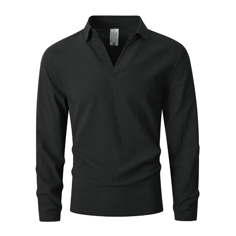 Men's Long Sleeve Linen Blend T-Shirt, Loose Fit Collared Pullover, Breathable Moisture Wicking Casual Spring Fall Top