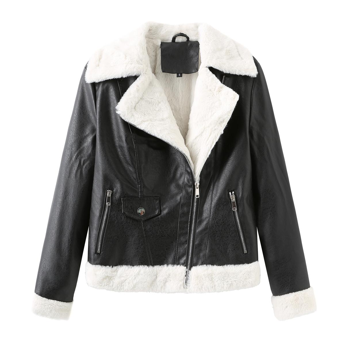 

Женская куртка из искусственной кожи. Теплая флисовая подкладка с длинными рукавами. Облегающее короткое пальто. Стильный укороченный бомбер на молнии с воротником с лацканами. Повседневная верхняя одежда черного цвета. M чёрный