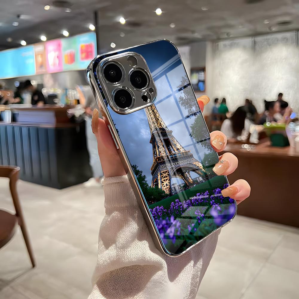 Eiffel Tower Phone Case For IPhone 17 Pro Max 15 Pro 16 14 Plus 12 13 Mini 11 Pro Shockproof Electroplated Glass Cover