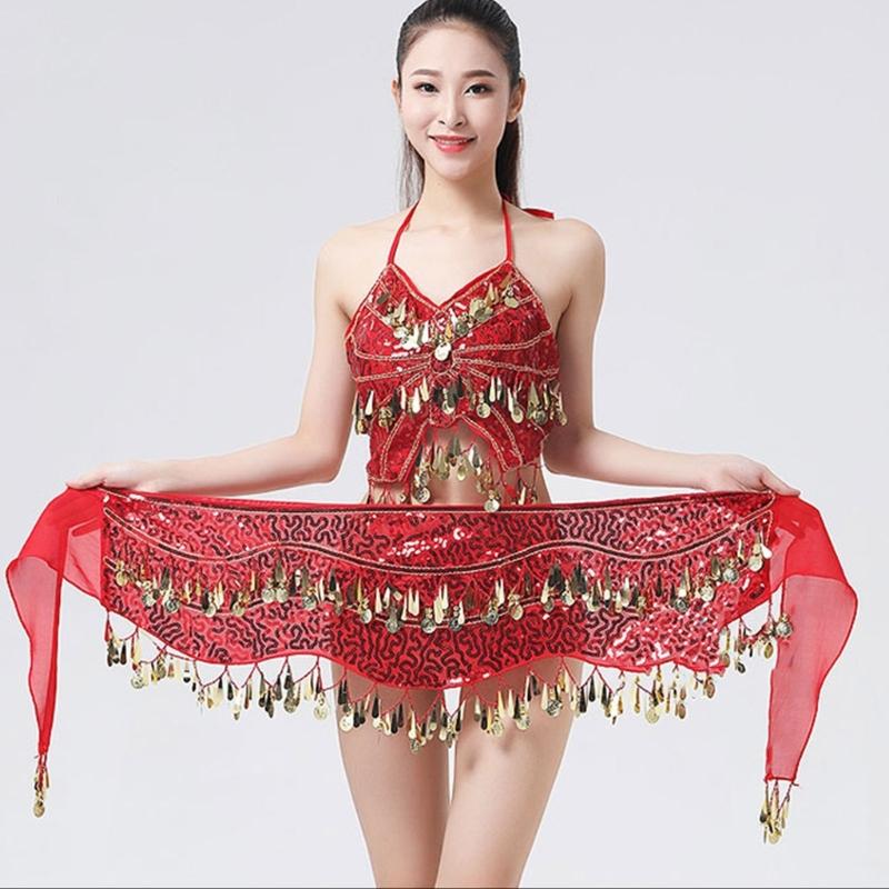 Women Belly Dance Belt Hip Scarf, Bellydance Hip Scarf Skirt Belly Dance Waist Chain with Gold Coins Belly Dance Cloth