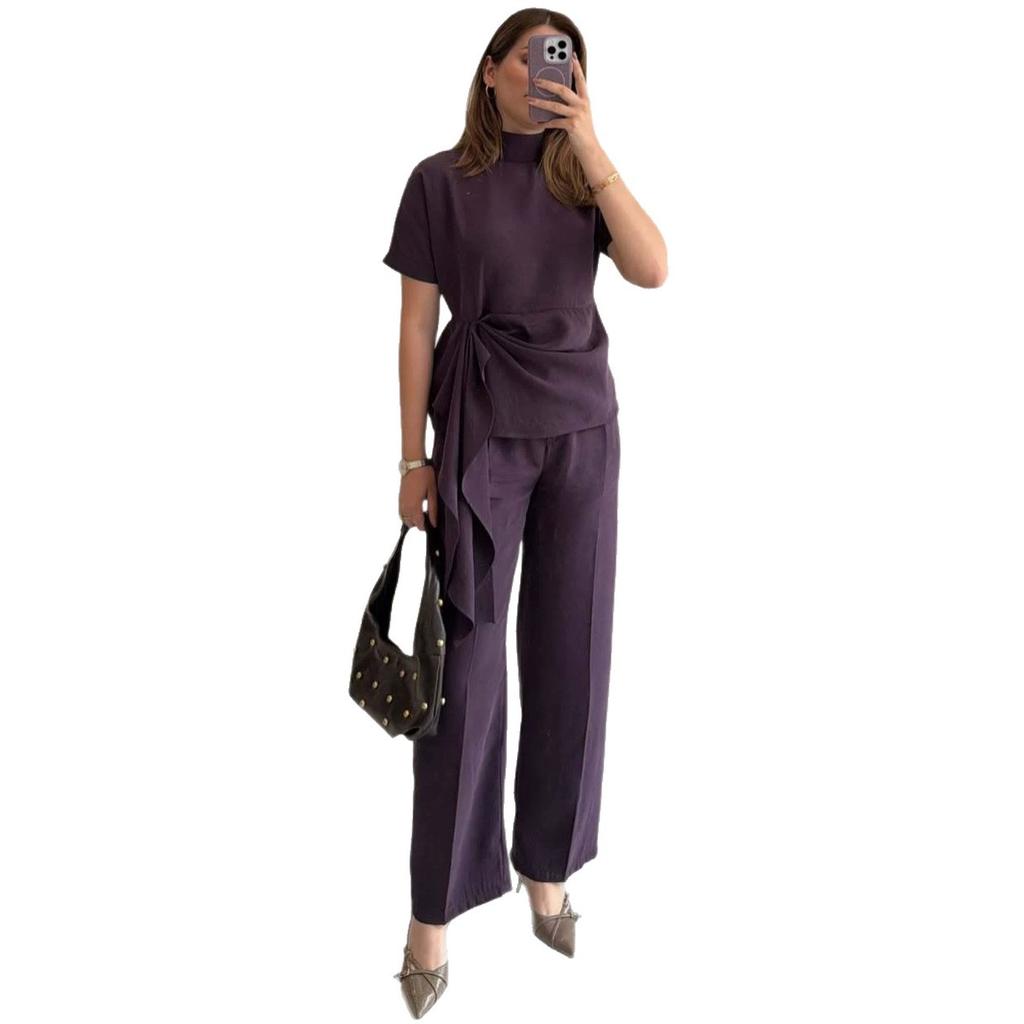 European and American Cross-border Amazon Independent Station Spring and Autumn New Short-sleeved Stand-up Collar Streamer Top Straight Trousers Set