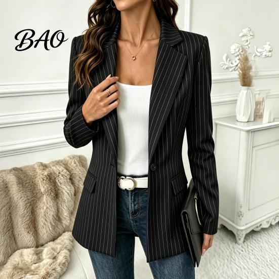 Giacca Casual da Donna a Righe con un Bottone, Giacca Traspirante da Lavoro Business Slim Fit, Cappotto a Maniche Lunghe con Collo a Lancia per l'Autunno