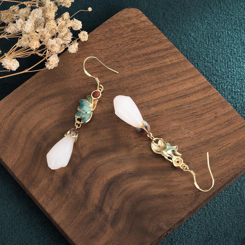 Cloisonné Magnolia Earrings with Gold-Plated Copper and Imitation Hetian Jade in Retro Court Style