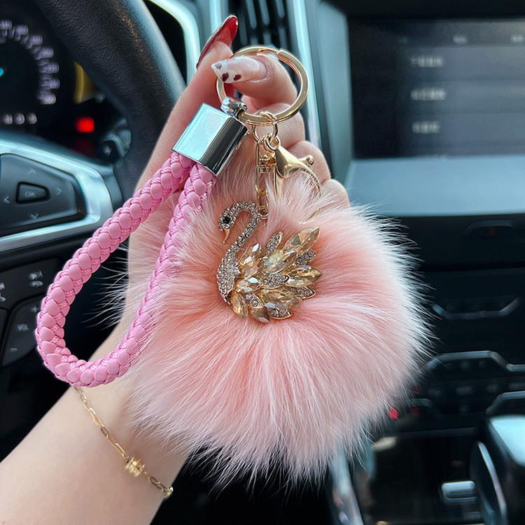 Crystal Swan Creative Fox Fur Car Keychain Exquisite Chic Keyring Bag Pendant