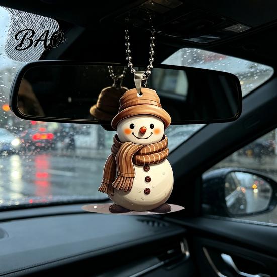 Decorative Ornament for Holiday Season Cute Snowman Acrylic Pendant, 2D Flat Car Rearview Mirror Hanging Artistic Figurine Charm Decoration