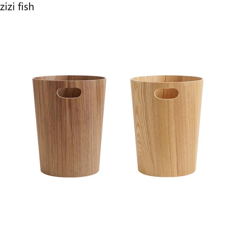 Creative Wooden Trash Can Round Simple Cleaning Tools Garbage Can Home Wastebasket Bathroom Trash Bin Kitchen Waste Storage Bins