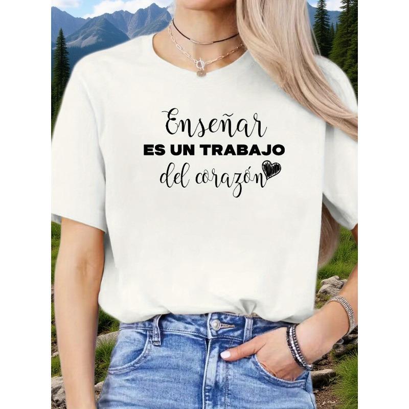 Women'S Round Neck Short Sleeve Sports T-Shirt with Spanish Letter Print for Spring And Summer Casual Wear.