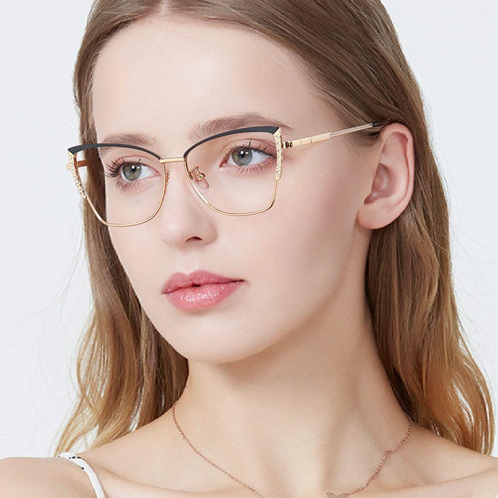 Women Fashion Rhinestone Anti-Blue Light Glasses Eye Care Ultra Light Cat Eye Frame Optical Eyeglasses Office Computer Goggles