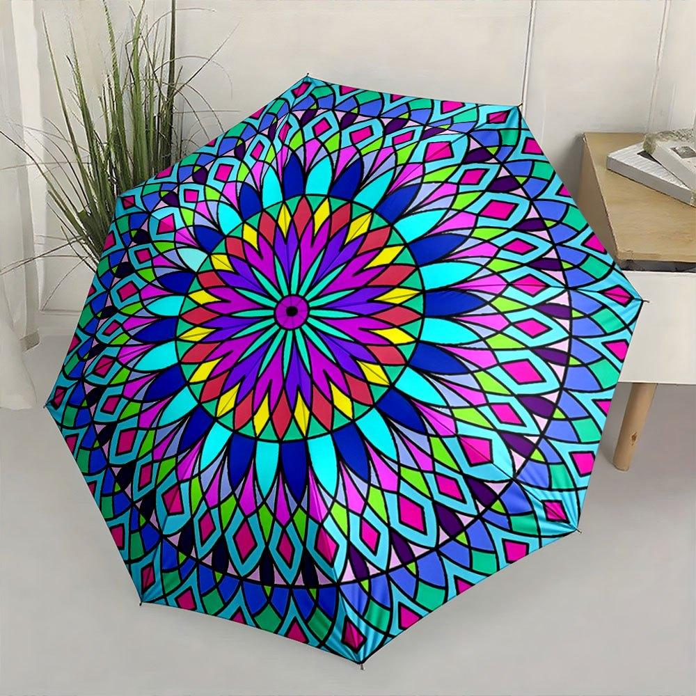 Automatic Folding Umbrella A Vibrant Mandala Design with Geometric And Floral Patterns. Portable Collapsible Design, Casual Ou