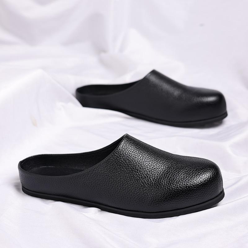 Fashion Genuine Leather Men Shoes Fashion Baotou Half Slippers Classic Mule Shoes Non-slip Chef Shoes for Men Comfortable Loafers Slides