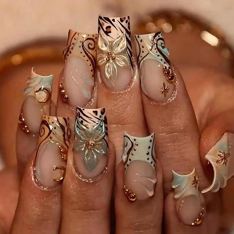 24PCS Yellow French False Nails with Glue Sweet Pink Flower Lace Plaid Medium Square Press on Nails Full Cover Pearl Deocr Nails