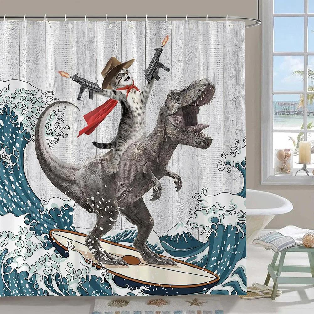 Cute Funny Dog Shower Curtain Cat Riding Dinosaur Funny Pet Cartoon Shower Curtain Boys Girls Bathroom Decor Shower Curtains