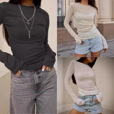 Spring Long Sleeved T-shirt Base Shirt Round Neck Slim Fit Top For Women