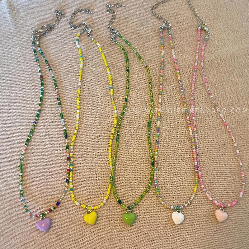 Color Beaded Love Necklace Women's Summer New Design Sense Niche Temperament Collarbone Chain Accessories Alloy