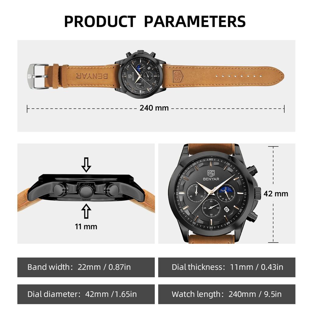 BENYAR Chronograph Watch with Leather and Brown or Black Men's Multi-Calendar Strap, Water-Resistant Scratch-Resistant,