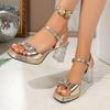 Fashion Crystal Buckle High Heels Sandals Women Gold Silver Pu Leather Square Toe Party Shoes Ankle Buckle Strange Heels Platform Sandls
