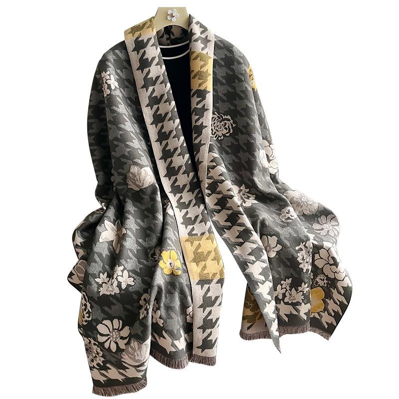 Thousands Of Bird Grids, Plants, Flowers, Camellias, Fashionable And Versatile, Confident And Elegant Imitation Cashmere Thermal Scarf