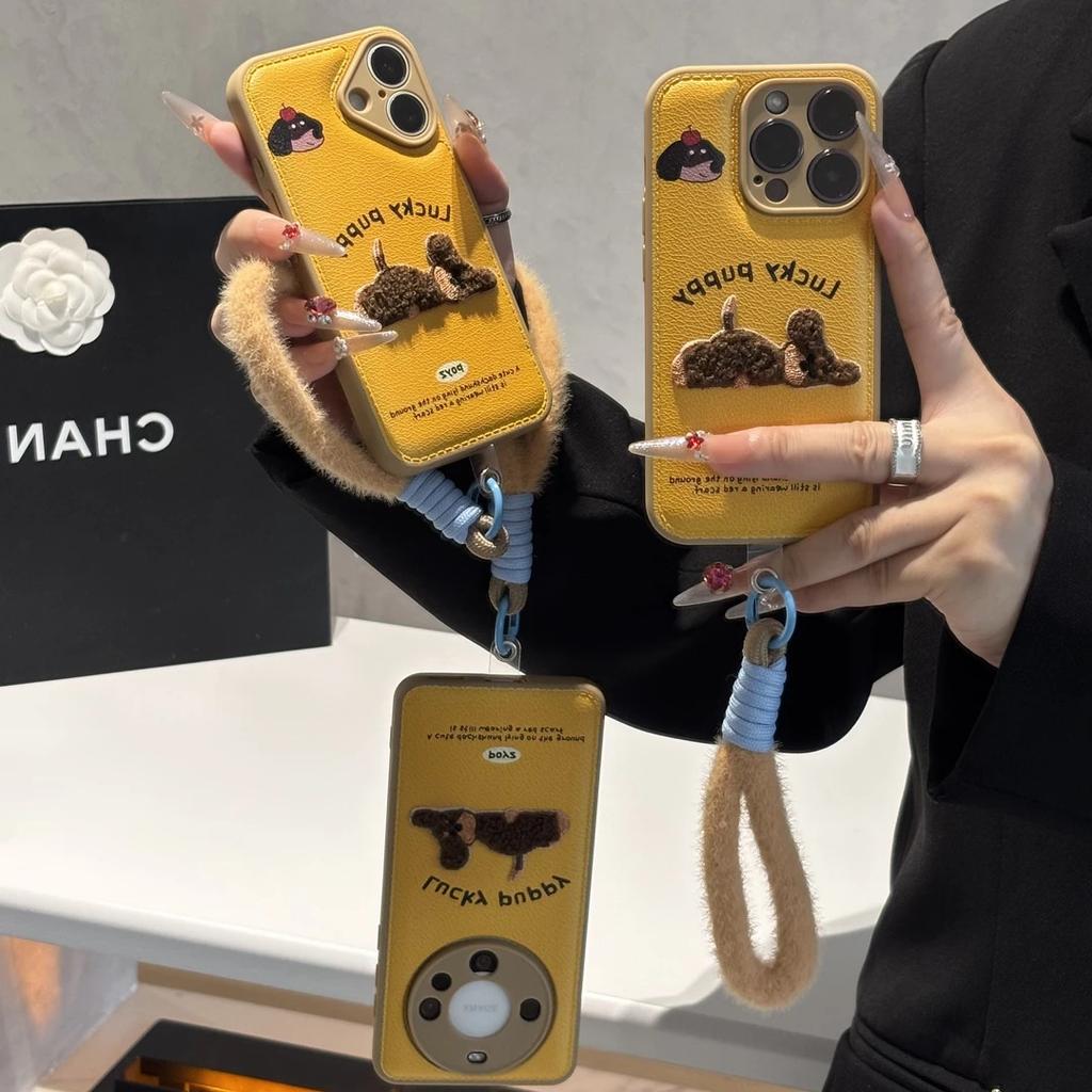 Embroidered Puppy Lanyard for Apple 16/17 Phone Case iPhone 15 Bulge Bag Candy Air Cushion 14 Bracket 13