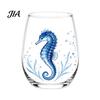 Durable Thick Base Glass Cups Stemless Wine Glasses with Marine Animal Pattern, 420ml Capacity, High Borosilicate Decorative Aesthetic Water Tumblers