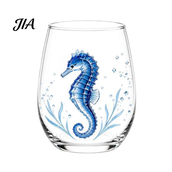 Durable Thick Base Glass Cups Stemless Wine Glasses with Marine Animal Pattern, 420ml Capacity, High Borosilicate Decorative Aesthetic Water Tumblers