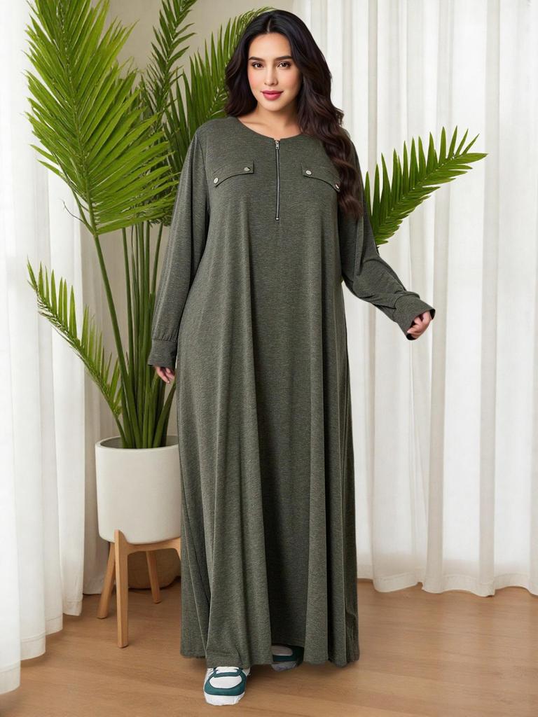 Plus Size Autumn Street Fashion Loose Knit Dress - Solid Color, Round Neck, Long Sleeve