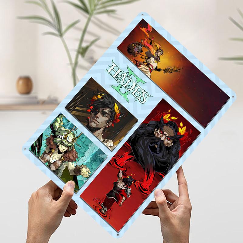 Hades II Game Characters Collage Poster Customized Vintage Metal Signs Wall Art Retro Tin Plaque for Living Room Decorations