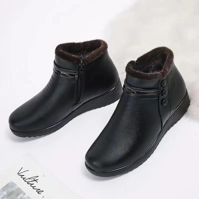 

Женские ботинки 2025 года, зимняя мода, теплые плюшевые ботильоны, водонепроницаемые ботинки для мам на платформе, нескользящие хлопковые ботинки на танкетке, большие размеры 35 чёрный