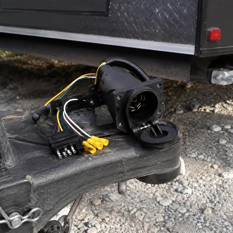 7 Way Trailer Socket Adapter with 4 Flat End and Mounting Bracket, Assembled Wiring Assembly with Flip Cover for Trailer Towing Light Use