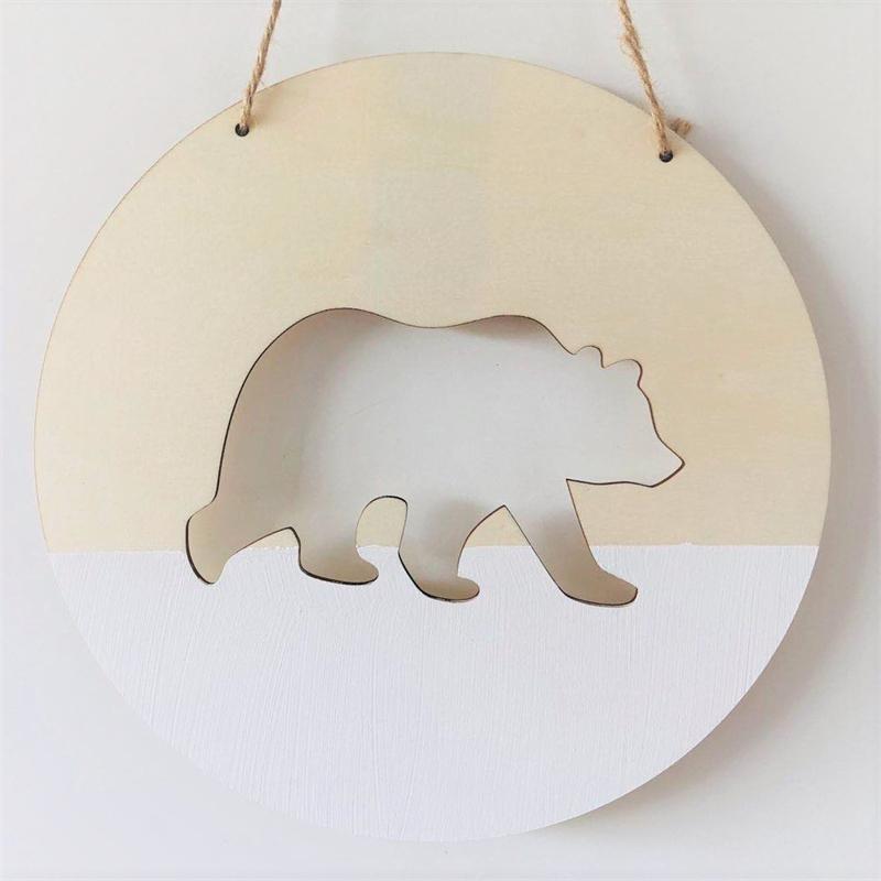 1pc Circle Wooden Bear Pendant Ins Style Polar Bear Pendant Creative Nordic Style Wall Hanging Decorations Home Decoration