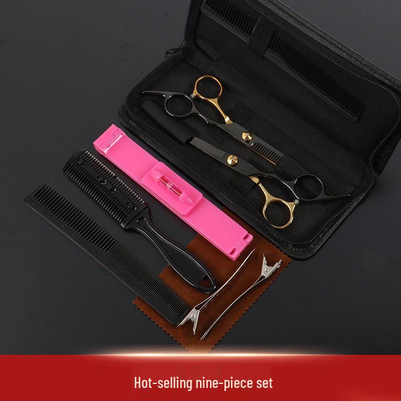 Black Gold Hairdressing Scissors Set: Flat Cut & Thinning Scissors for Women - Perfect for Home Haircuts and Bangs.