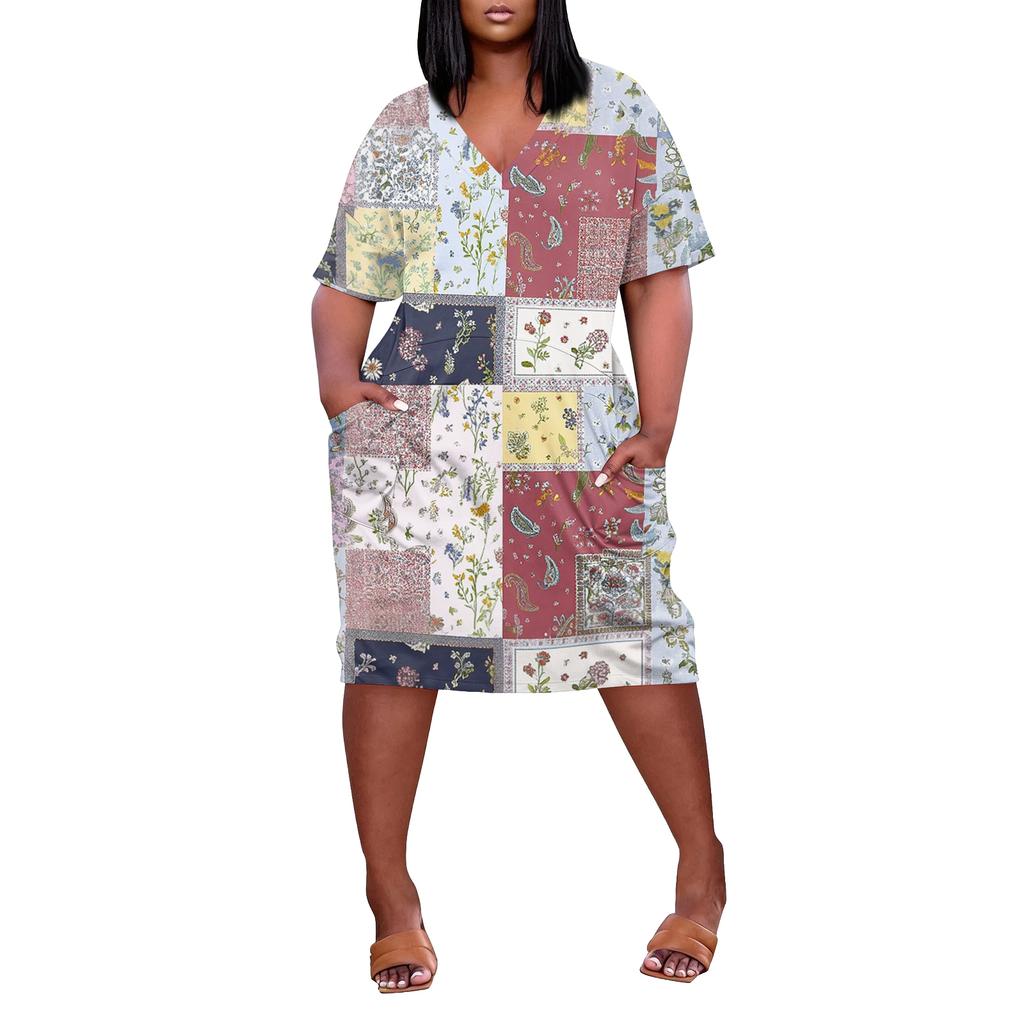 Summer Plus Size V Neck Short Sleeve Knee Pocket Print Casual Dress For Women