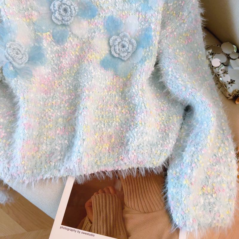 Chic Faux Mink Velvet Sweater: Soft, Sweet, and Elegant with 3D Floral Design for Women - Perfect for Spring and Autumn.