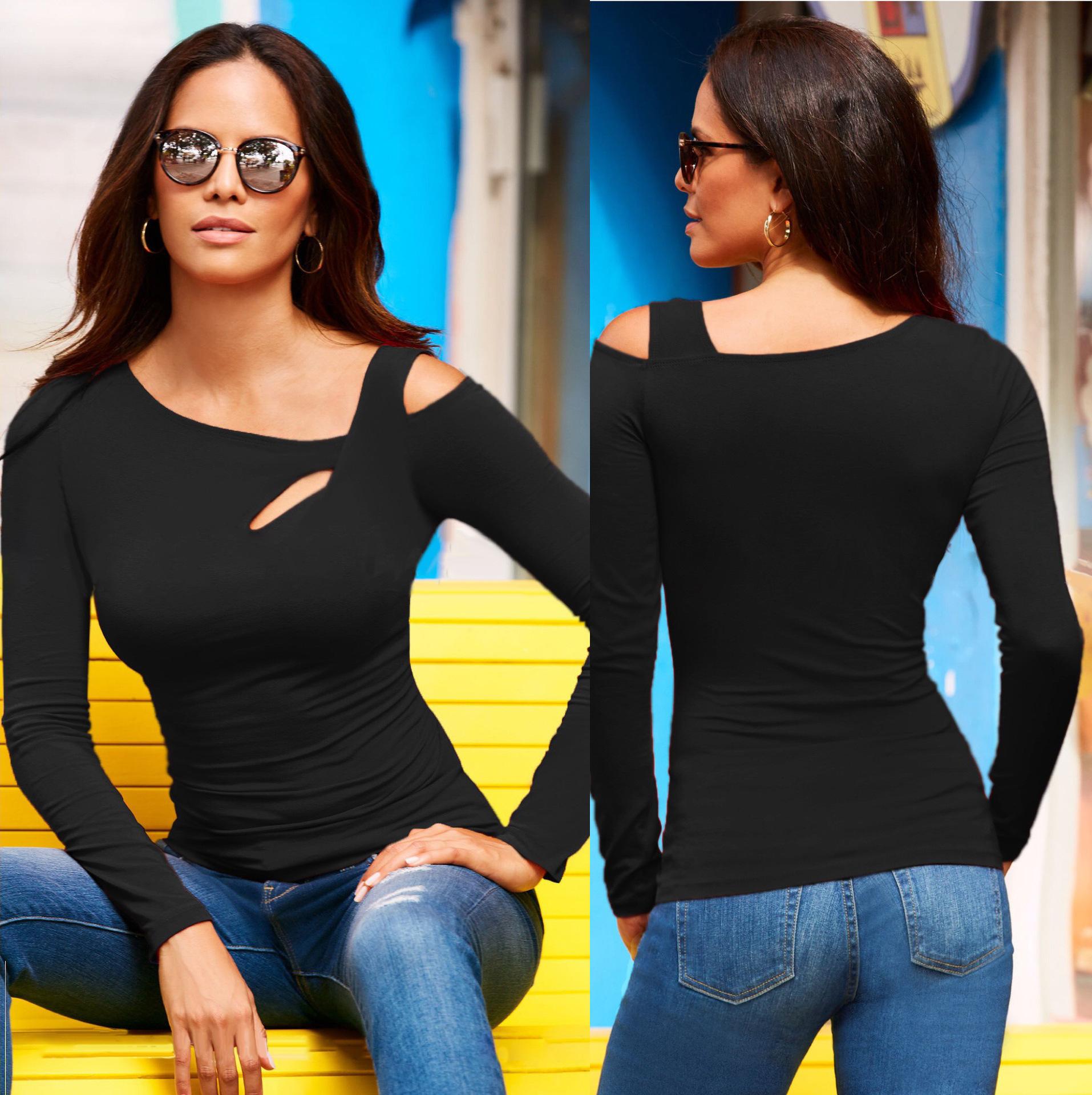 Spot! Amazon cross-border autumn and winter explosion wish spring and autumn new women s slanted shoulder sexy long-sleeved T-shirt top 1XL чёрный