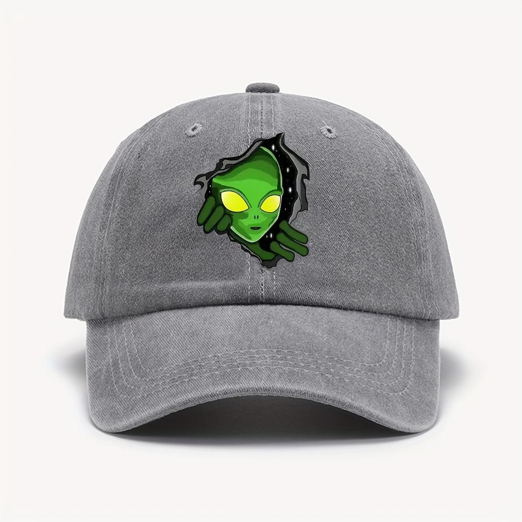 1 Piece Green Vintage Washed Baseball Cap Alien Print Sun Hat Adjustable For Halloween and Outdoor Fashion Headwear