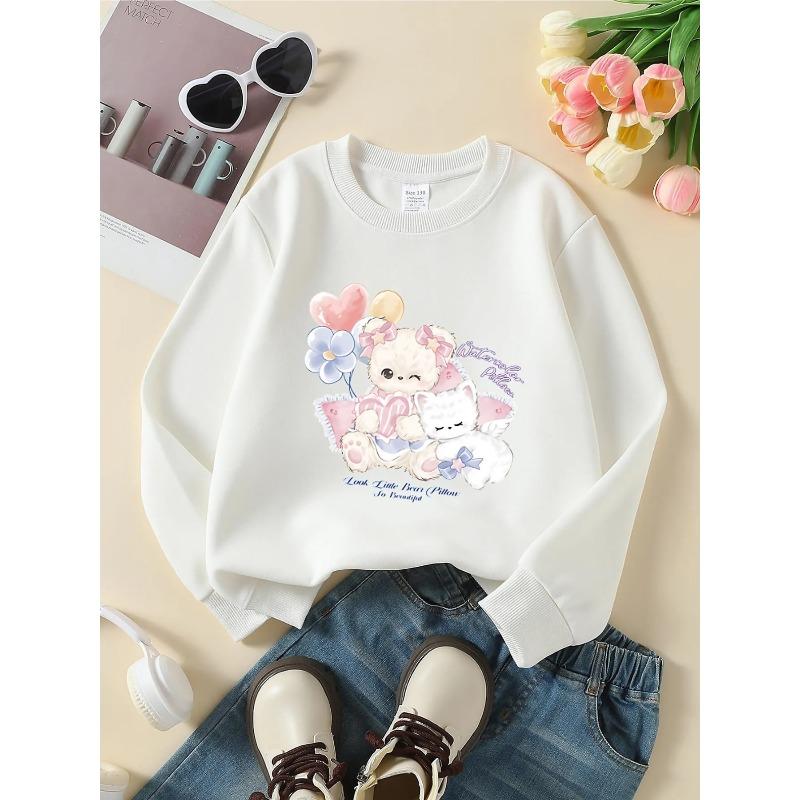 European sizes Crewneck Sweatshirt for Kids Featuring an Adorable Bear And Cat with Balloons, Soft And Comfy Sportswear Is Ideal for Casual Outings