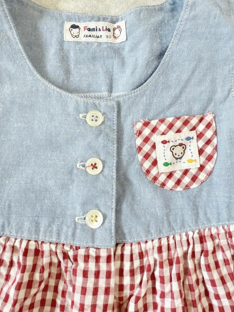 [USED] Familiar 2 piece set, red check dress, sailor collar, striped, size 90