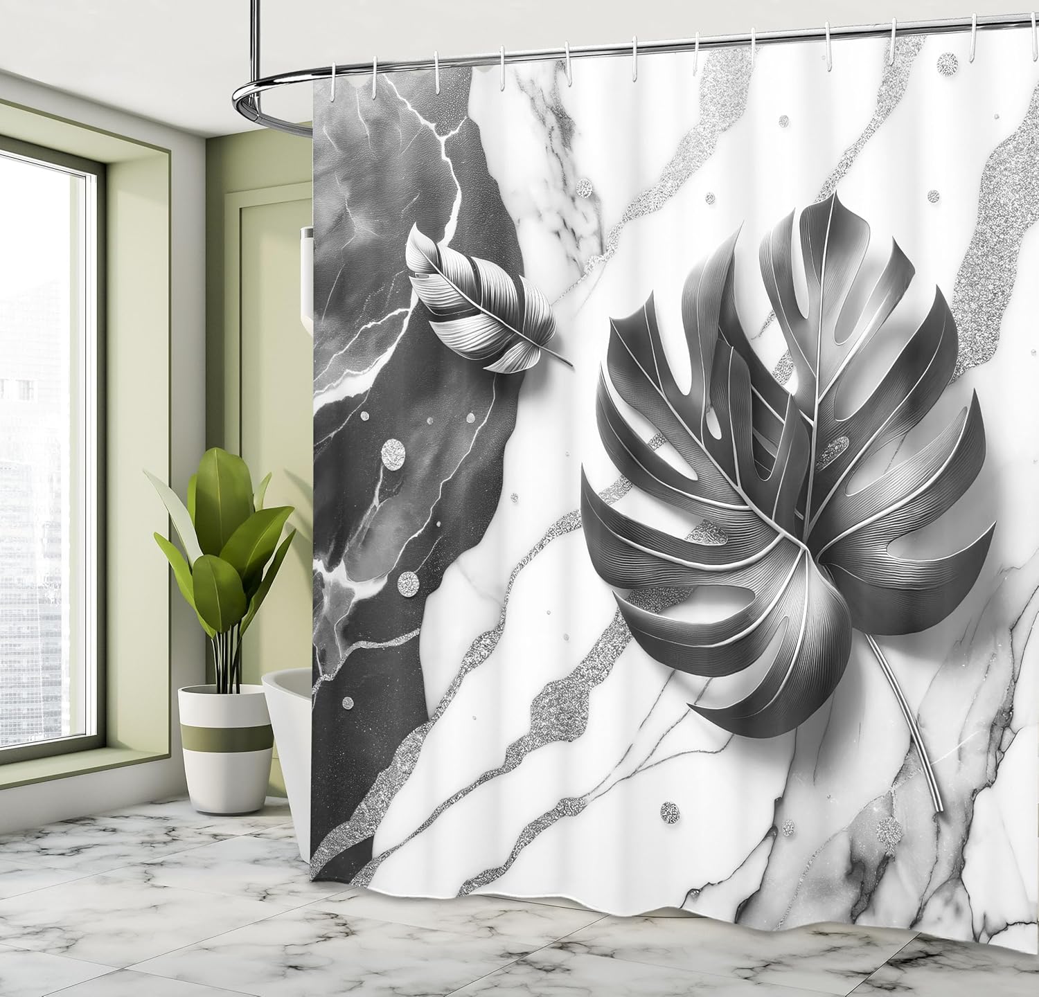 

Grey Shower Curtain, Modern Marble Print Look Back And Realistic Monstera Leaf Monochrome Effect, Cloth Fabric Bathroo W60H190(CM)-1 Pcs